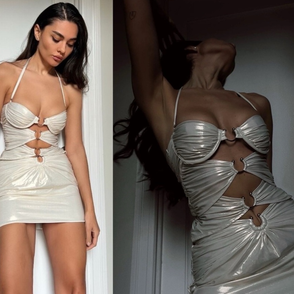 God Save Queens- Chiara Mini Dress Cut Out Metallic Sweetheart Neck Size Small